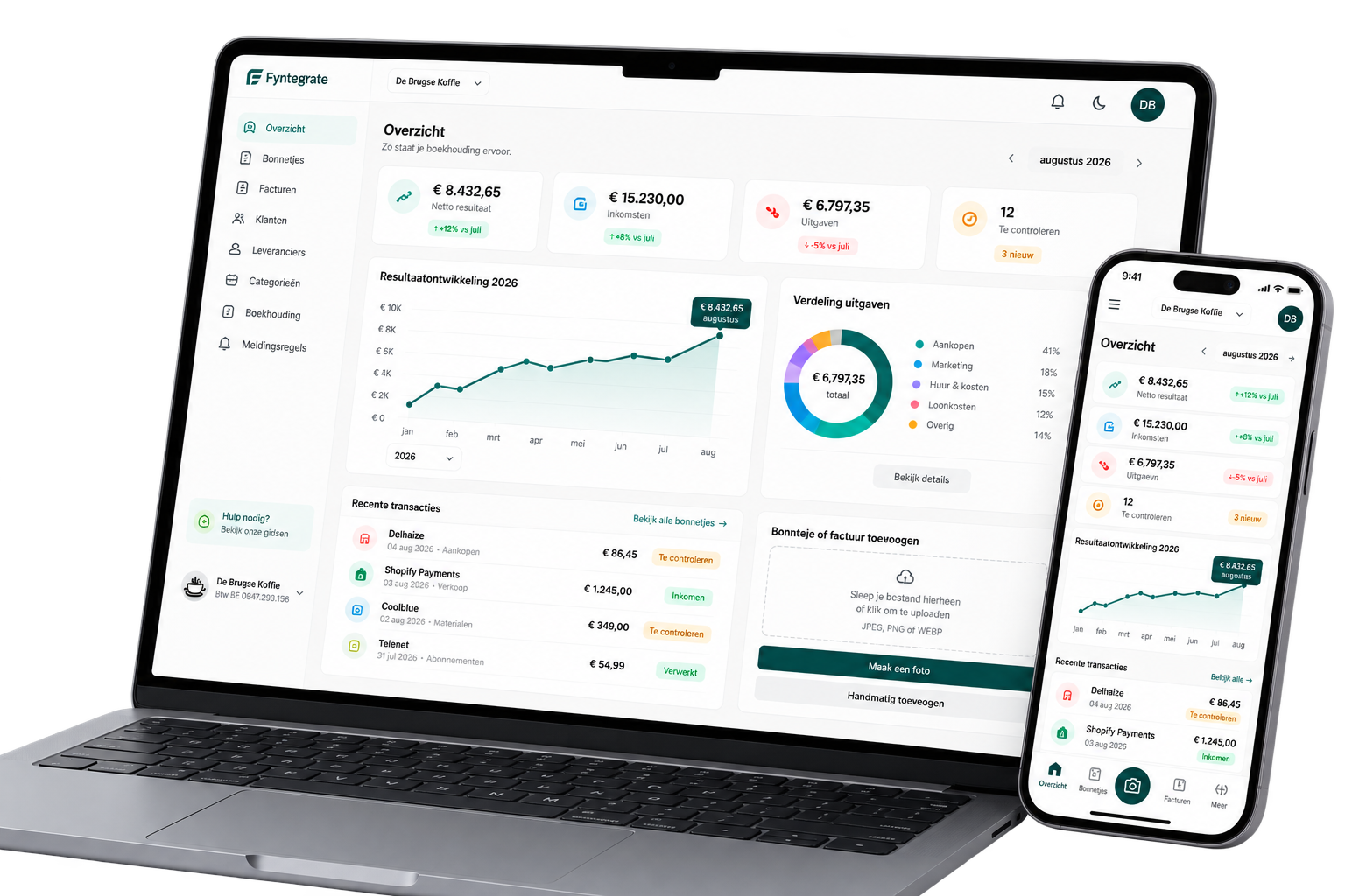 Het Fyntegrate-dashboard op laptop en telefoon.